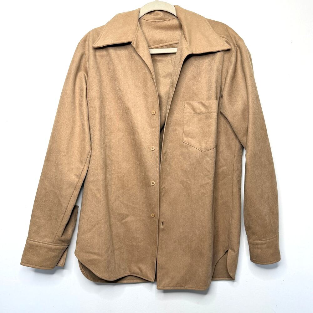 Vintage Tan Camel Faux Suede Shacket Button Down Oversized Shirt Jacket Size M